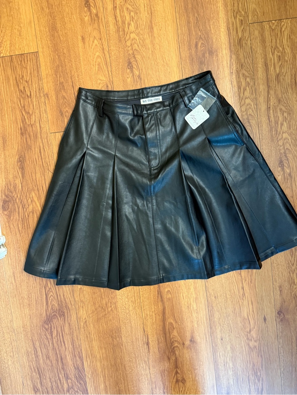 Free People Black Faux Leather Pleated Skater Skirt